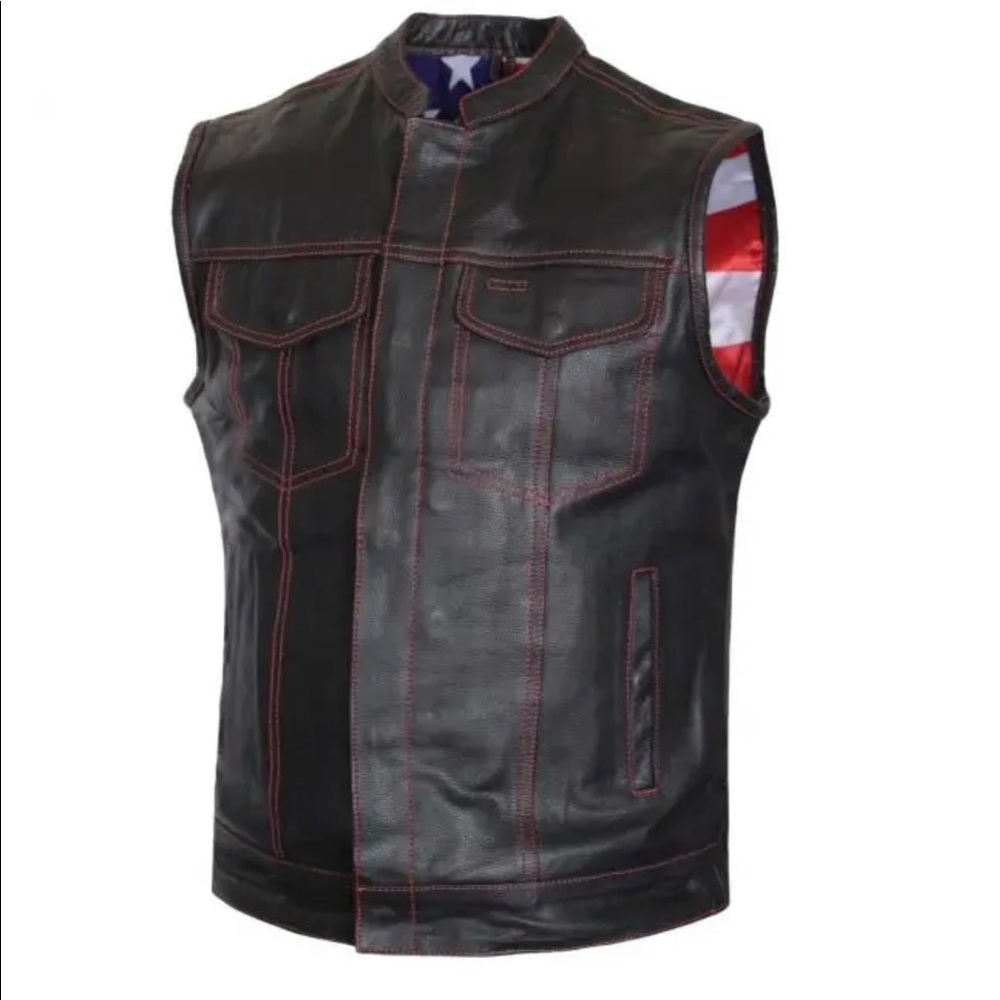 Men’s Motorcycle US Flag Club Biker Style Concealed Carry Leather Vest